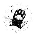 Cute dark witchy illustration with cat`s paw. Tattoo art style. Gothic motifs Royalty Free Stock Photo