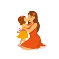 Cute daughter kissing and hugging her mom, mothers day greeting cartoon vector illustration