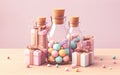 cute decorations In sweet colors on a wooden table jars glass bottles Christmas gift boxes New Year and festive decorations for