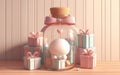 cute decorations In sweet colors on a wooden table jars glass bottles Christmas gift boxes New Year and festive decorations for Royalty Free Stock Photo