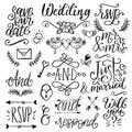 Cute decorations for wedding invitations, overlays with text Save the Date. Vector collection of handwritten catchwords.