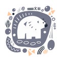 Cute decorative animal bear and forest elements. Scandinavian hand drawn pattern. Vector illustration.