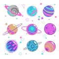 Cute decorative fantasy planet icons set.