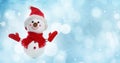 Cute decorative snowman on blue background, bokeh effect. Banner design with space for text
