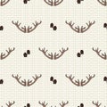 Cute deer antler seamless pattern. Hoof print flat color background. Hand drawn forest animal horn doodle style. For