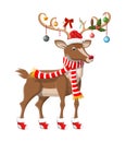 Cute deer with antlers, scarf, holly, bow, baubles