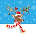 Cute deer with antlers, scarf, holly, bow, baubles