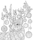 Adult coloring page a cute deer with Christmas decoration balls ,brunch,fruits,flower and bow for relaxing.Zen art.