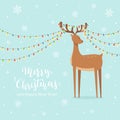 Cute Deer and Christmas Lights on Blue Snowy Background Royalty Free Stock Photo