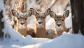 Cute deer family in snowy forest, looking at camera generated by AI Royalty Free Stock Photo