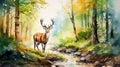 Cute deer in the forest near a stream. Colorful background of pristine nature with an image of a deer near a crystal