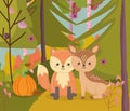 Cute deer and fox with pumpkin foliage hello autumn Royalty Free Stock Photo