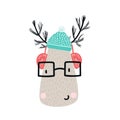 Cute deer with headphones and glasses. Hand drawn kids nursery poster in scandinavian style. Vector illustration