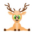 Cute Deer isolated. Cartoon baby animal with horns. Deer sitting and smiling. Vector illustration