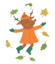 Cute deer jumping under falling leaves. Vector autumn character isolated on white background. Fall season woodland animal icon for Royalty Free Stock Photo