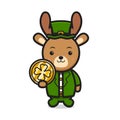 Cute deer leprechaun saint patrick day character holding gold coin icon Royalty Free Stock Photo