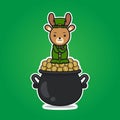 Cute deer leprechaun saint patrick day character sit above gold coin cartoon Royalty Free Stock Photo