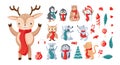 Cute deer, penguins, mouses and items icon set isolated on white background