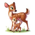 A cute deer with a small fawn, grass, in disney cartoon style, on white background, animal art, t-shirt prints Royalty Free Stock Photo