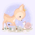 Cute deer and snail hand drawn animal illustration watercolor on purple Royalty Free Stock Photo