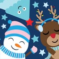 Cute deer, snowman and tree smile on dark blue background cartoon, Xmas postcard, wallpaper, and greeting card
