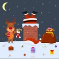 A cute deer is standing on the roof of the house and holding a sock with gifts. Santa Claus legs sticking out of the pipe at home Royalty Free Stock Photo