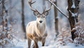 Cute deer stands in snowy forest, a winter wonderland generated by AI Royalty Free Stock Photo