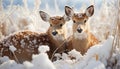 Cute deer in winter forest, looking at camera, surrounded by snow generated by AI Royalty Free Stock Photo