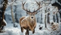 Cute deer in winter forest, snowing, nature frozen beauty generated by AI