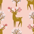 Cute deers and blooming spring trees.