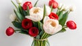 Cute delicate bouquet of white tulips and red roses on a white background, Generative AI