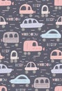 Cute delicate childish pattern with hand drawn cars with tribal pattern and lettering on gray background. Vector tender texture