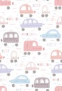 Cute delicate childish pattern with hand drawn cars with tribal pattern and lettering on white background. Vector tender texture