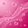 Cute delicate pink background with gradient, abstract waves and flying hearts.