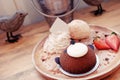 Cute and delicious brown bear cake served with strawberry, vanilla ice cream and whipped cream in wooden plate.