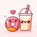 Cute delicious donut and a milkshake with a pink heart, kawaii cartoon vector illustration icon, generative ai