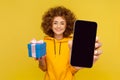 Cute delighted woman holding present box and showing big empty cell phone display for advertisement. Royalty Free Stock Photo