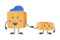 Cute Delivery Cardboard Box Character in Blue Cap Holding Hands with Little One Vector Illustration