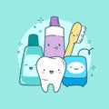 Cute dental care illustration. Tooth, toothbrush, toothpaste, mouth rinse, floss.