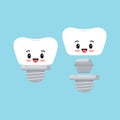 Cute dental implant tooth emoji icon set isolated on blue background.