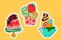 Cute deserts doodle stickers. Eskimo pie popsicle, ice cream balls strawberry in cup, soft ice cream mint leaves in bowl