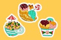 Cute deserts doodle stickers. Mini melts small balls, ice cream with lolypop taco waffle, scoops in cup