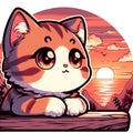 A cute design of adorable cat, in cute face, with sunset view, bold line art, digital anime art, stickers