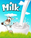 Cute design with milk splash, cow and nature Royalty Free Stock Photo