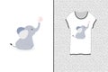 Cute design for a T-shirt. Watercolor baby elephant playing with bubble. Print for T-shirts, sweatshirts and souvenirs.