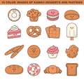 Cute desserts and pastries stickers or icons set. Kawaii sweet dishes