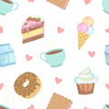 Cute Desserts Seamless Pattern, Cake, Cupcake, Donut, Cookie, Ice Cream, Cup of Coffee Design Element Can Be Used for Royalty Free Stock Photo