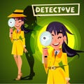 cute detective girl holding magnifying glass to watchin. character design - vector