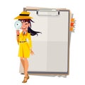 Cute detective girl with Magnifier her hand stand up front paper board. presenting concept - vector illustration