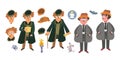 Cute detectives in cartoon style. Set characters for postcards, books, posters. Vector illustrations, icons on isolated